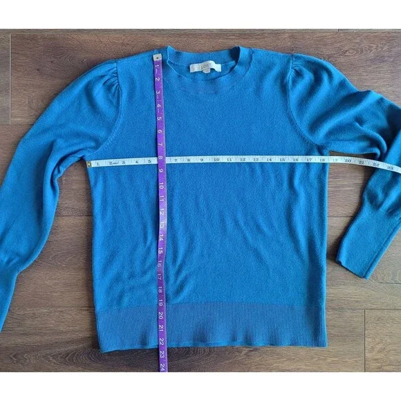 Loft Sweater Medium Teal Puff Sleeve Solid Round Neck Long Sleeve Soft 593282 - Picture 6 of 16